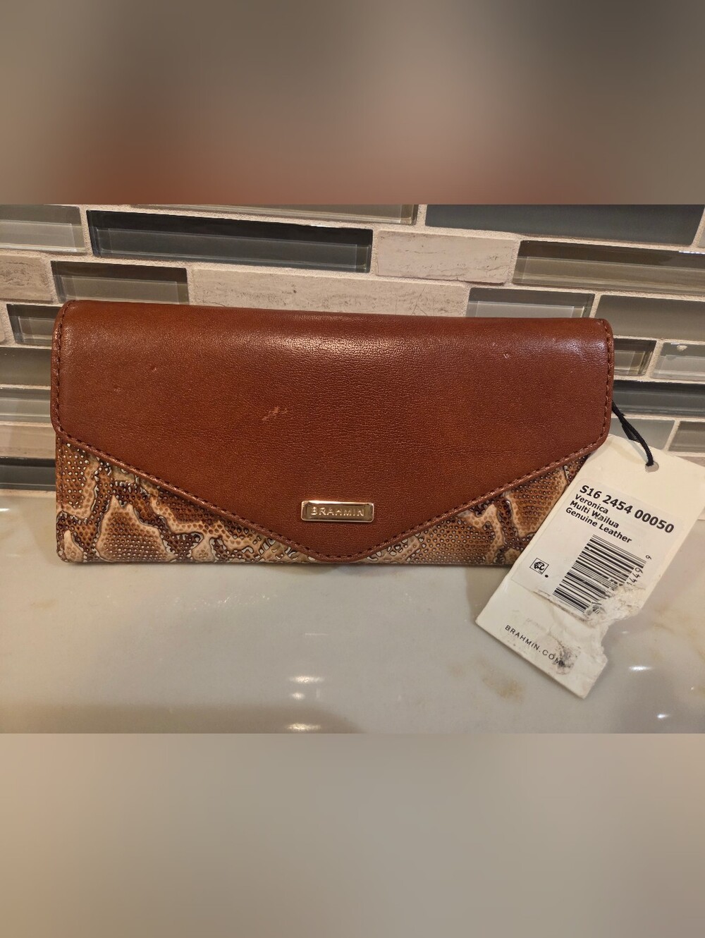 Brahmin Brown Leather and Snake-Print Envelope Clutch